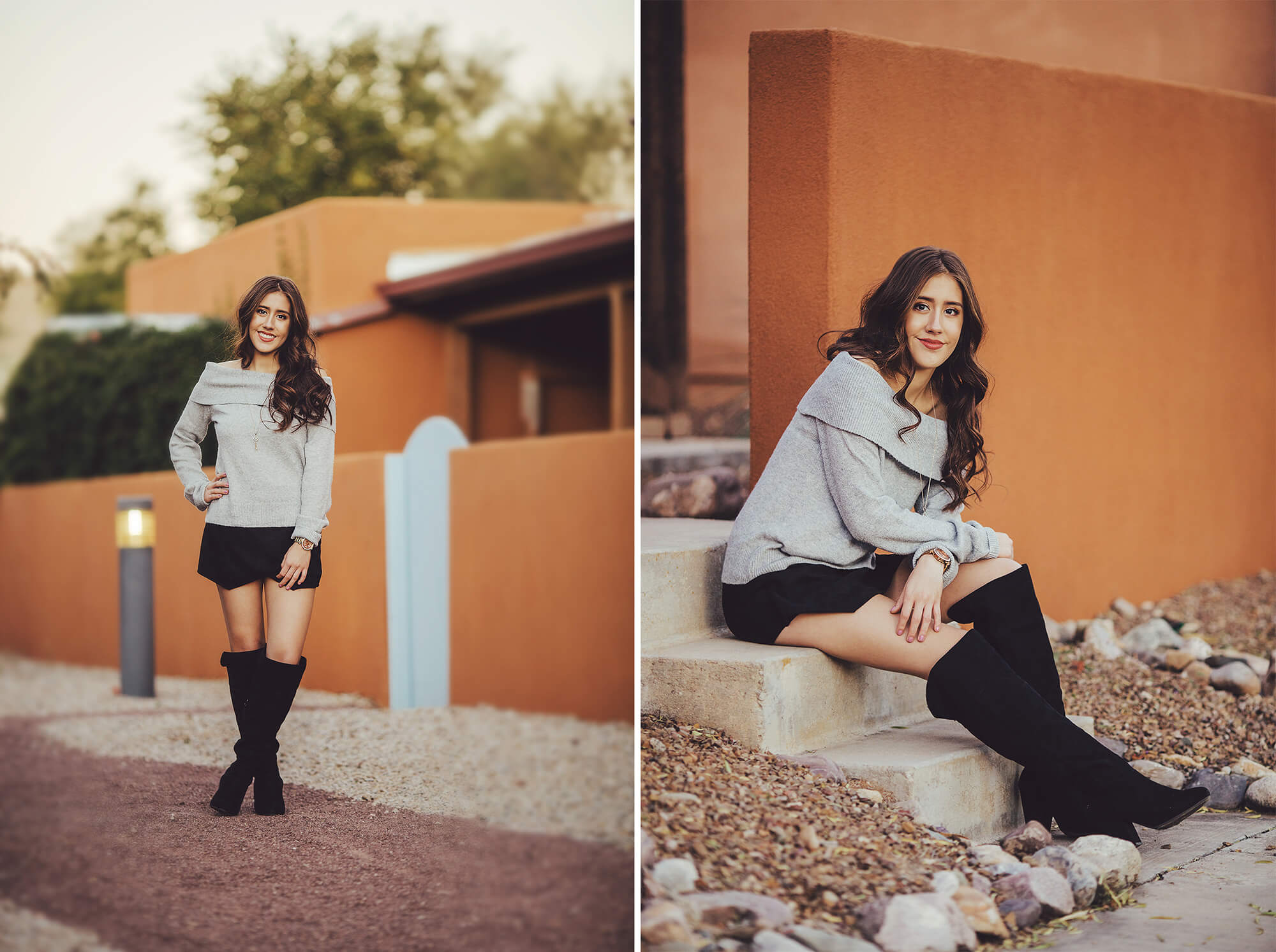 Cienega High School senior, Brianna, is a vision amongst the adobe-style homes that cover her Southwest home of Tucson during her senior photoshoot with Belle Vie Photography