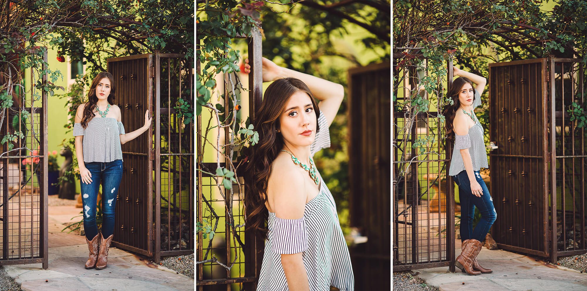 Brianna, a senior at Cienega, is a dream against a green and floral backdrop during her senior session with Belle Vie Photography