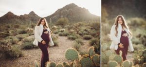 Anica during her maternity session with the mountains of Gates Pass and the sunrise behind her