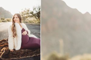 Anica during her maternity session at Gates Pass during sunrise sitting on a fur blanket in the parking lot