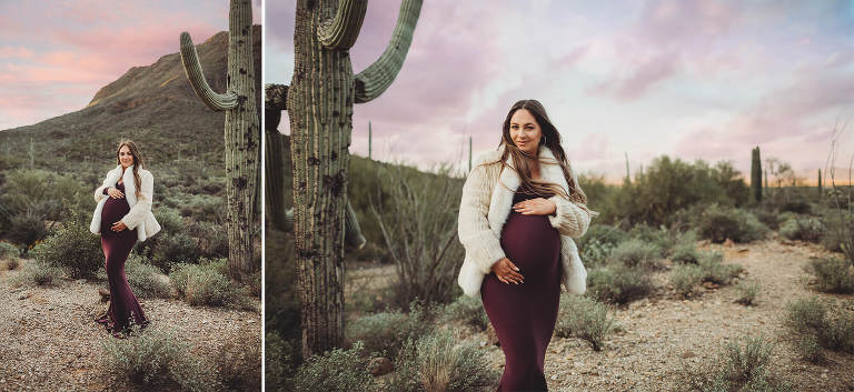 When in Tucson, you can't take a desert photo without a saguaro. Her the beautiful Anica gracefully cradles her baby bump next to one of Tucson's giant majestic saguaros during her sunrise maternity session.