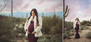 Surrounded by desert greens and the pinks of a desert sunrise, Anica cradles her bump during her sunrise maternity session at Gates Pass