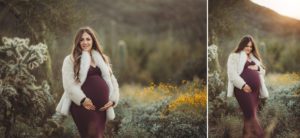 The pop of yellow flowers and glow of the rising sun were no match for Anica's beauty during her glamorous desert maternity session at Gates Pass near Tucson