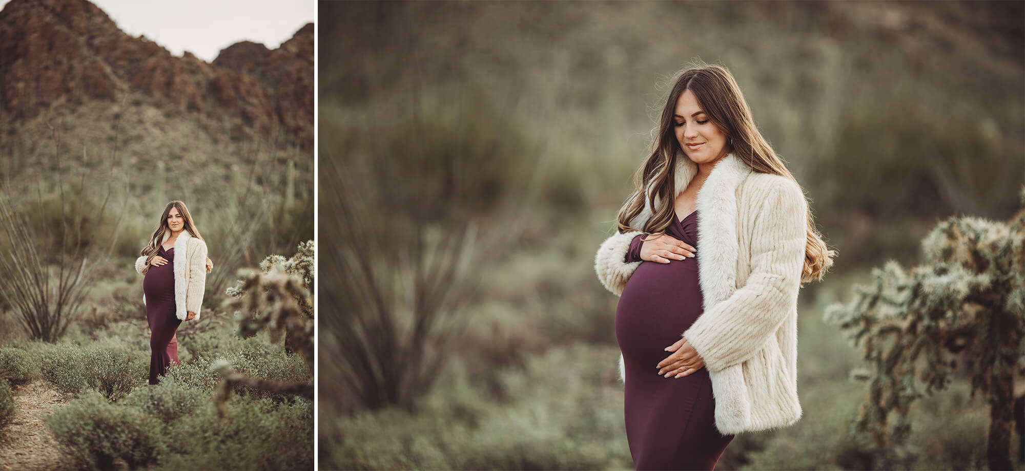 Anica during her maternity session with the rugged mountains of Gates Pass behind her