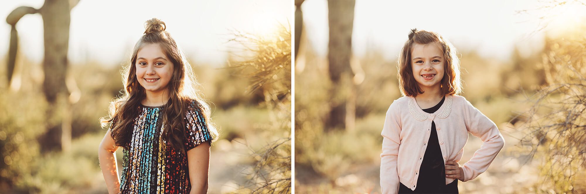 The Gunter daughters looking beautiful and sweet against the desert backdrop during their family photo session with Belle Vie Photography in Tucson