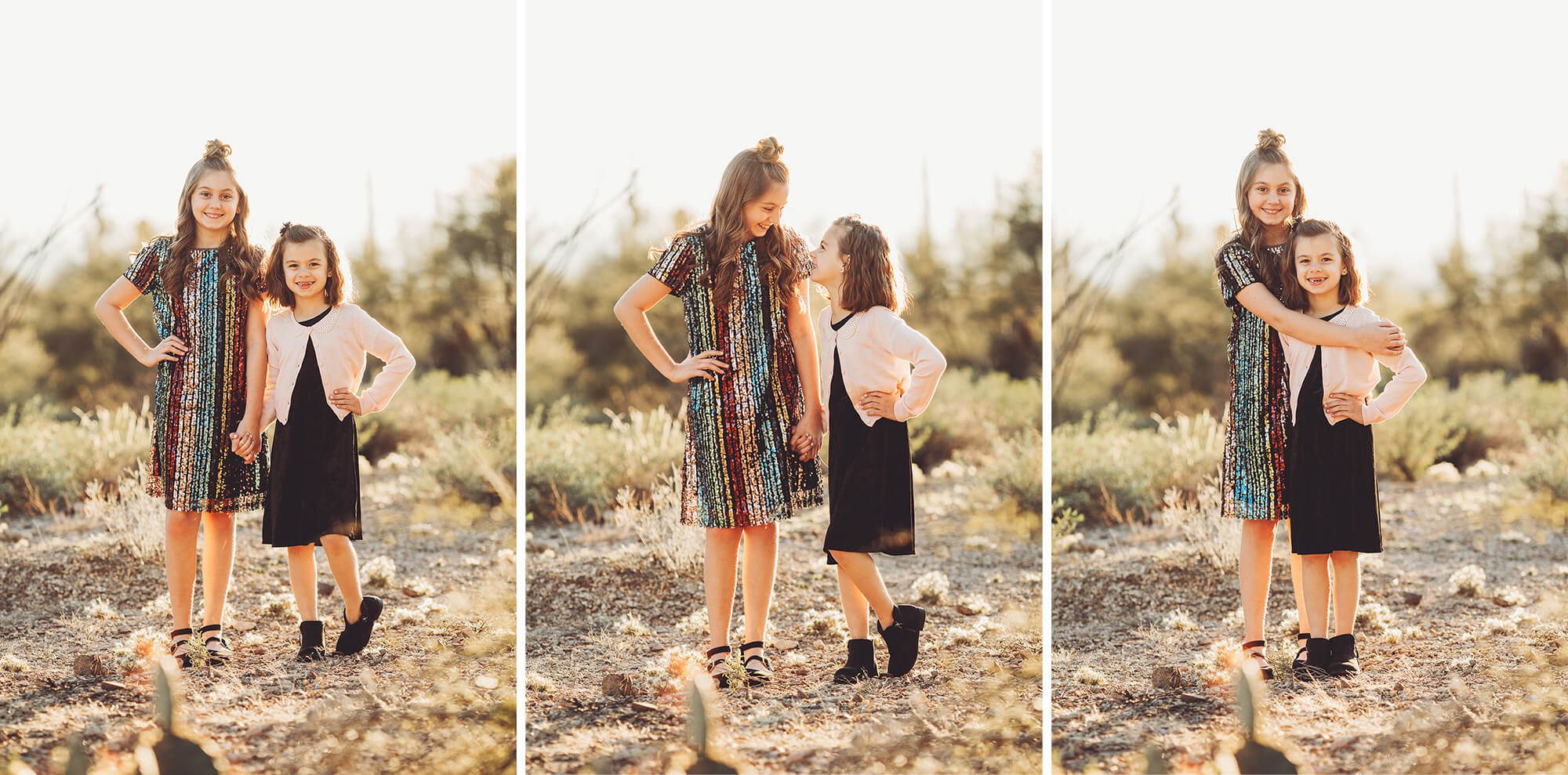 The Gunter sisters hugging and laughing with the setting sun behind them during their family photo session in the desert just outside Tucson