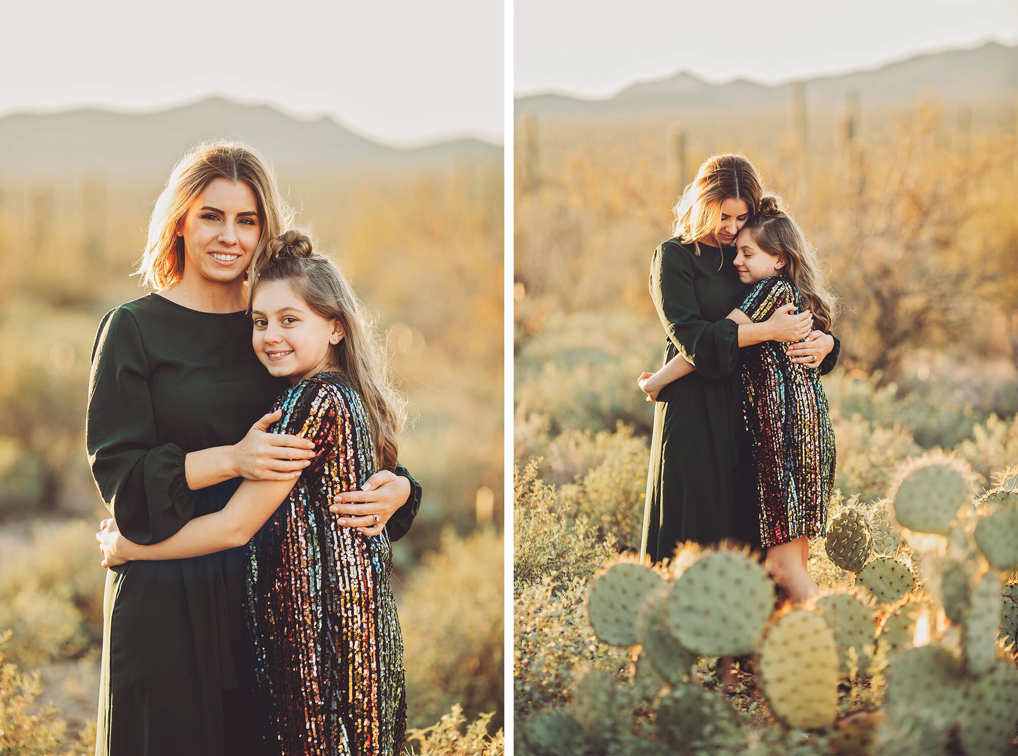 Mother and daughter hold one another lovingly during the Gunter's family photo session in a desert location just outside of Tucson