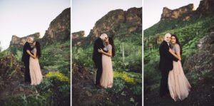 The lush green and brilliant yellow flowers surround the Paxman's during their couples session at Picacho Peak