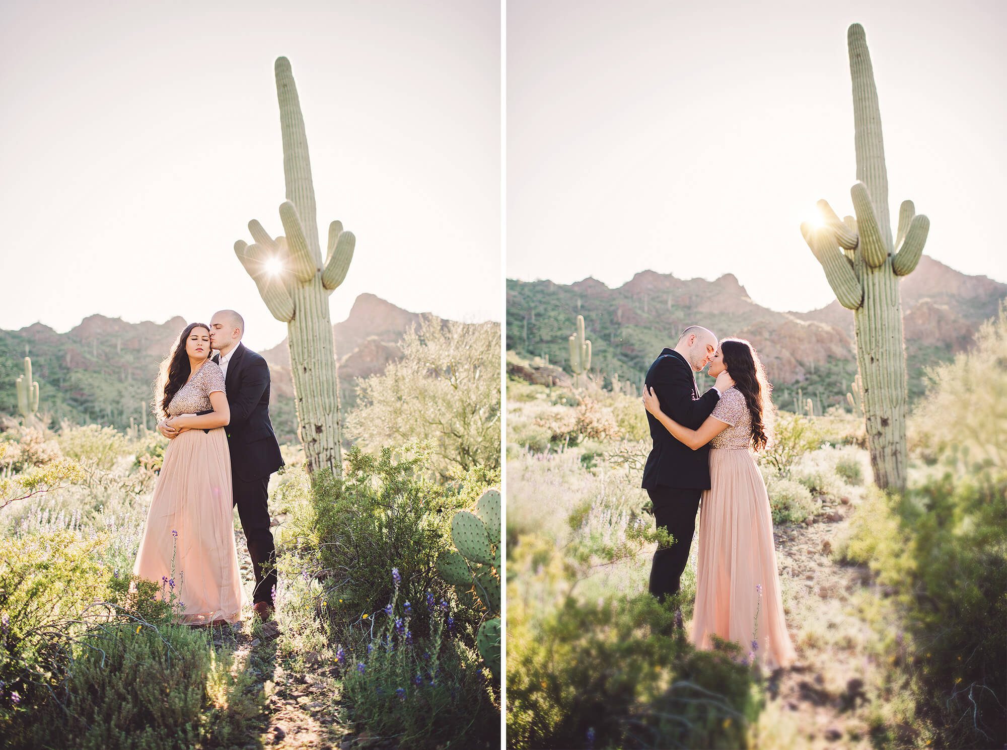 The Paxman's show their love standing beneath sun and saguaros at Picacho Peak during their wildflower couple's session