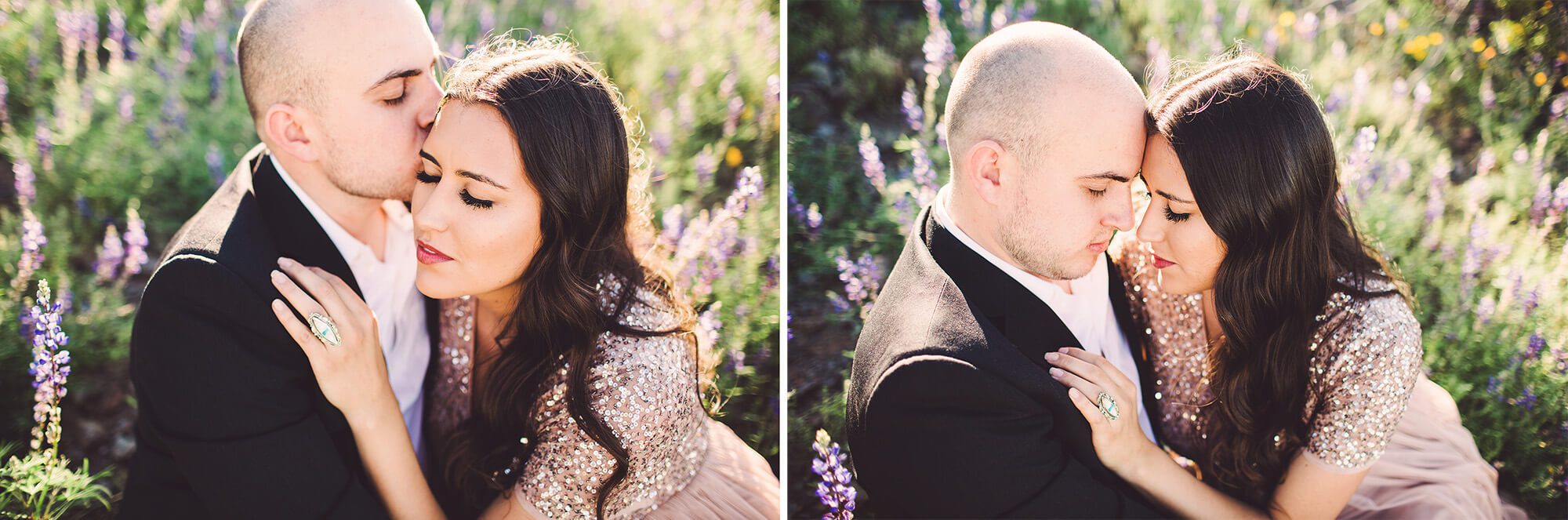 The Paxman's get cozy amongst the wildflowers at Picacho Peak during their couple's session