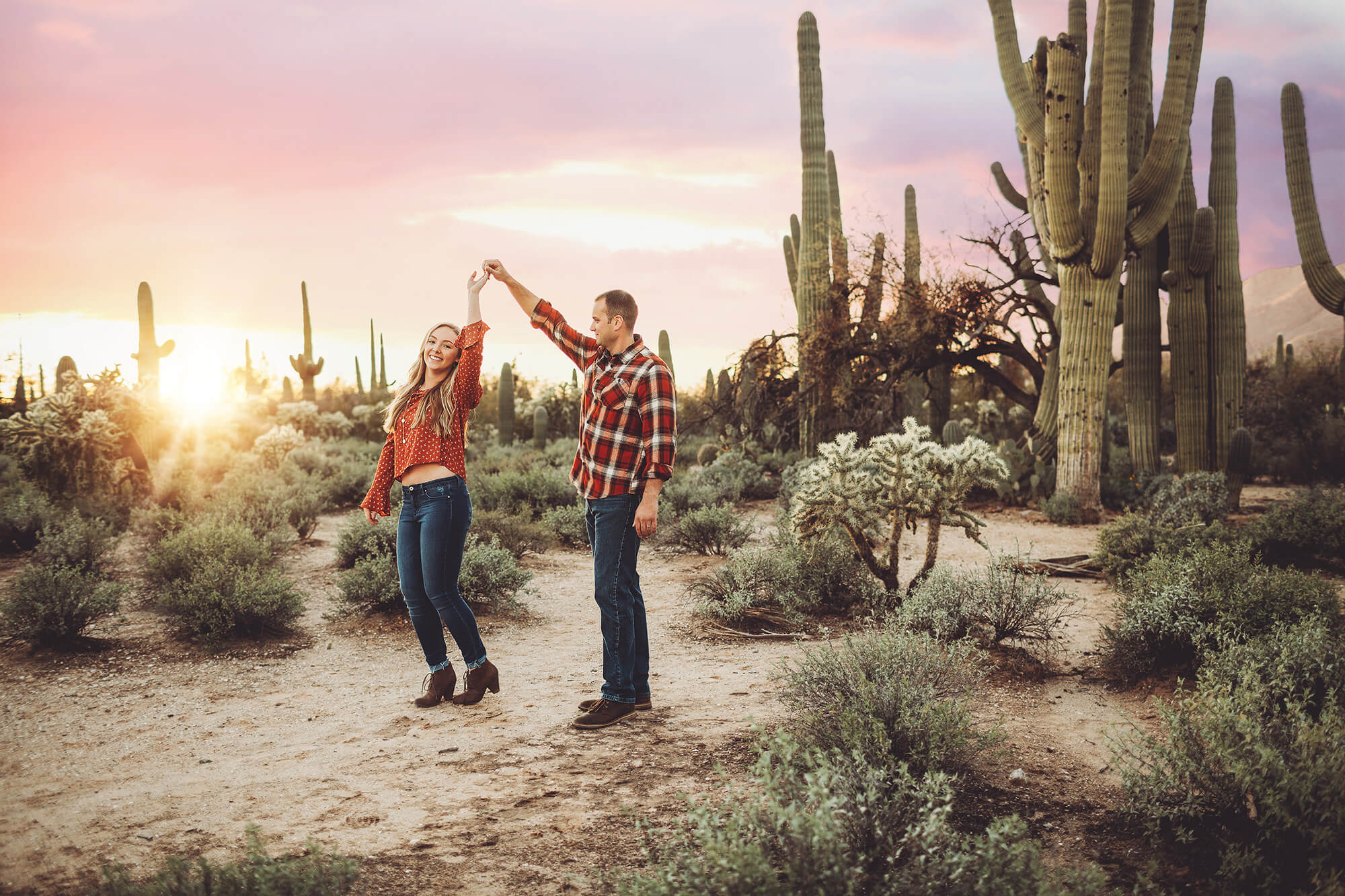 The Freeman's dance amongst the saguaros at sunset