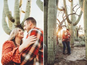 The Freeman's kiss and hold another surrounded by tall saguaros as the sun descends behind them at Sabino Canyon