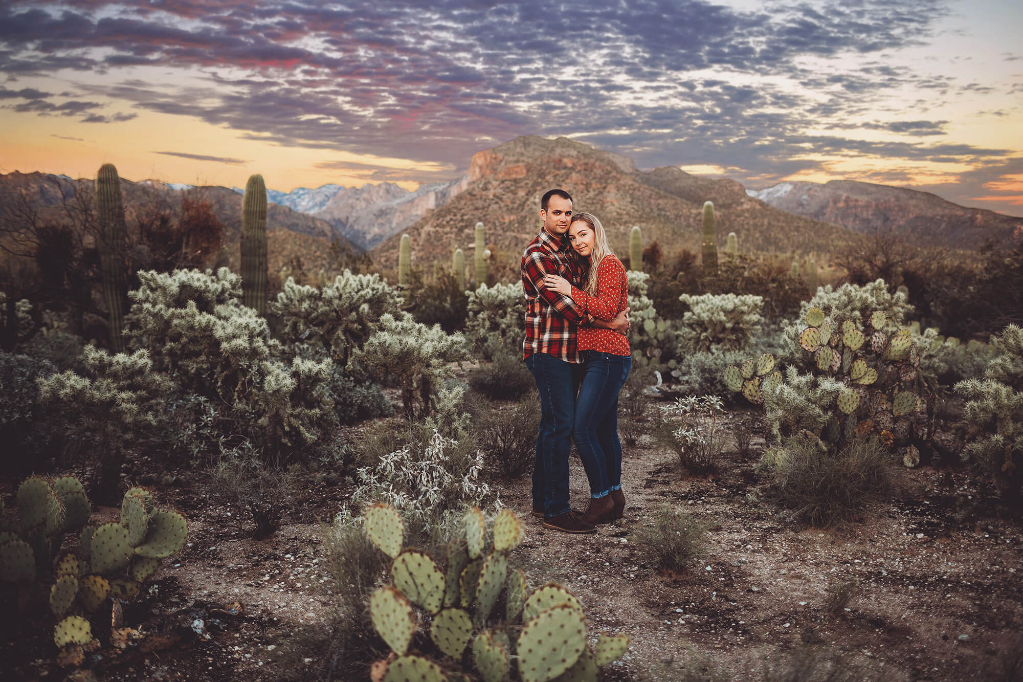 The Freeman's cuddle with the Catalina mountains at their back, a breathtaking sunset above them surrounded by desert fauna