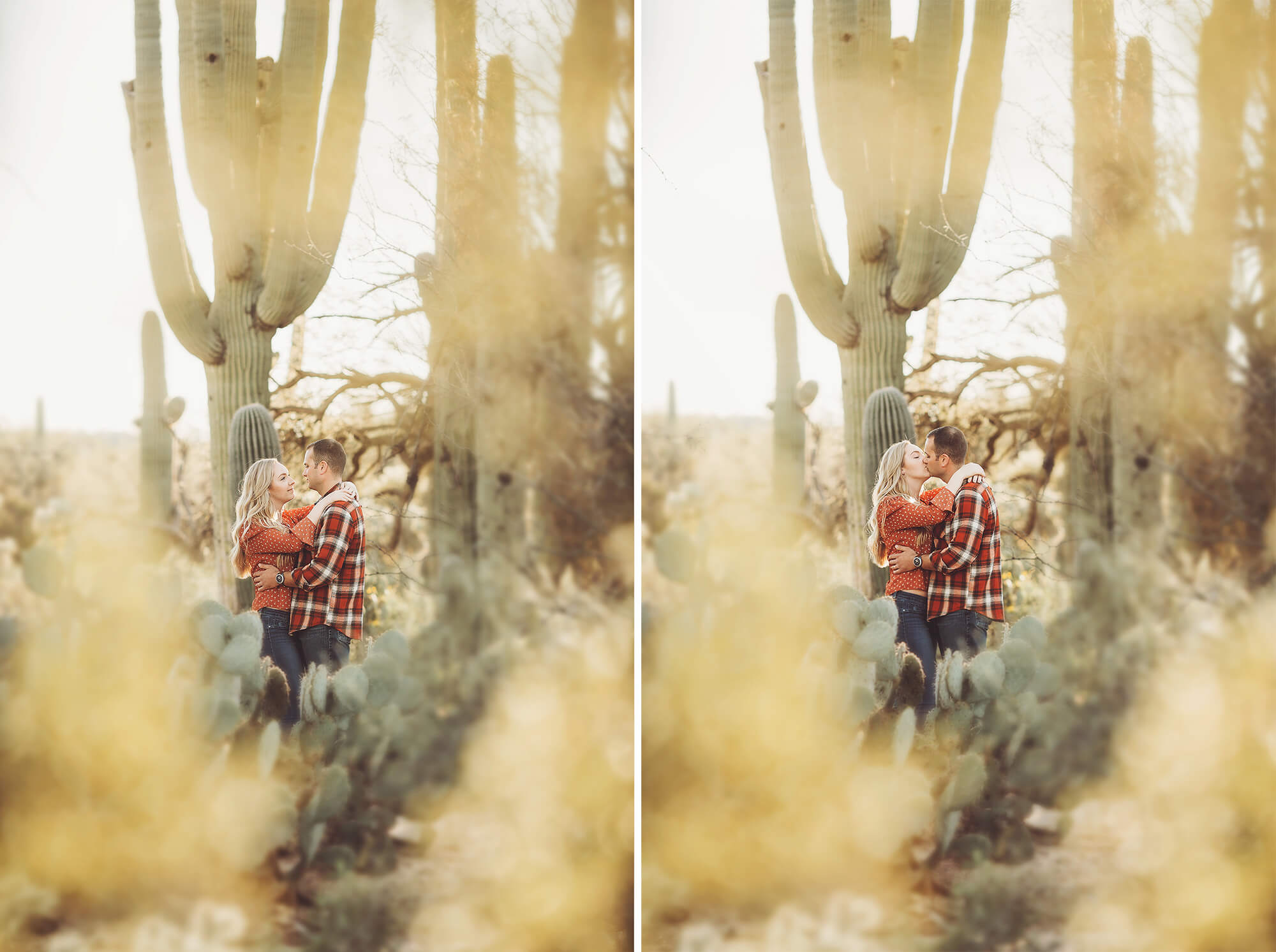 The Freeman's get close surrounded by saguaros and spring blooms