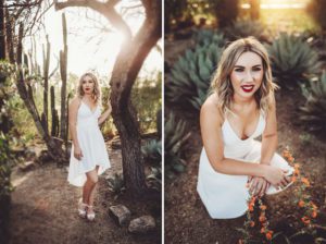 Shelby stands amongst desert flora at the University of Arizona during her senior grad session with Belle Vie Photography