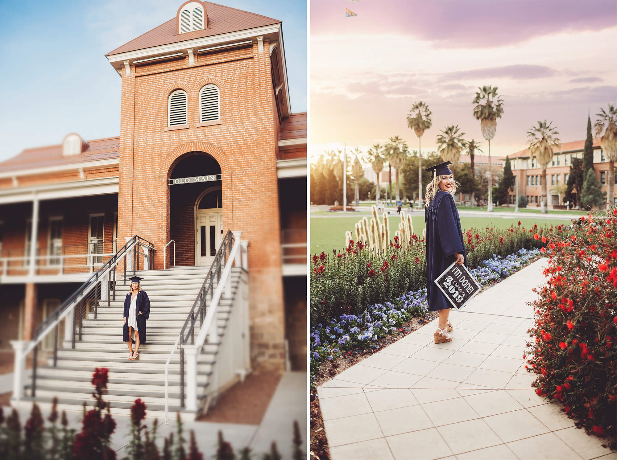 Graduation from the University of Arizona for Shelby on the steps of Old Main and walking amidst the flowers and palm trees