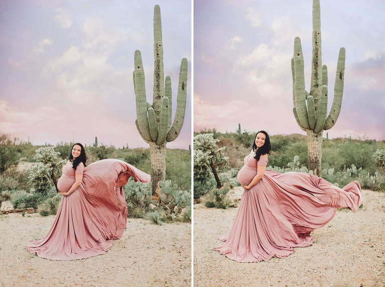 A beautiful maternity gown with a pastel sunset and a giant saguaro