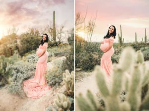 Christina hiked over rocks and dodged jumping cactus to capture these images on the rocks of Saguaro National park at sunset in her beautiful peach maternity gown