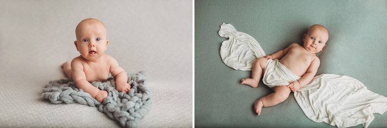 A three-month milestone session of a baby boy with wood backdrops