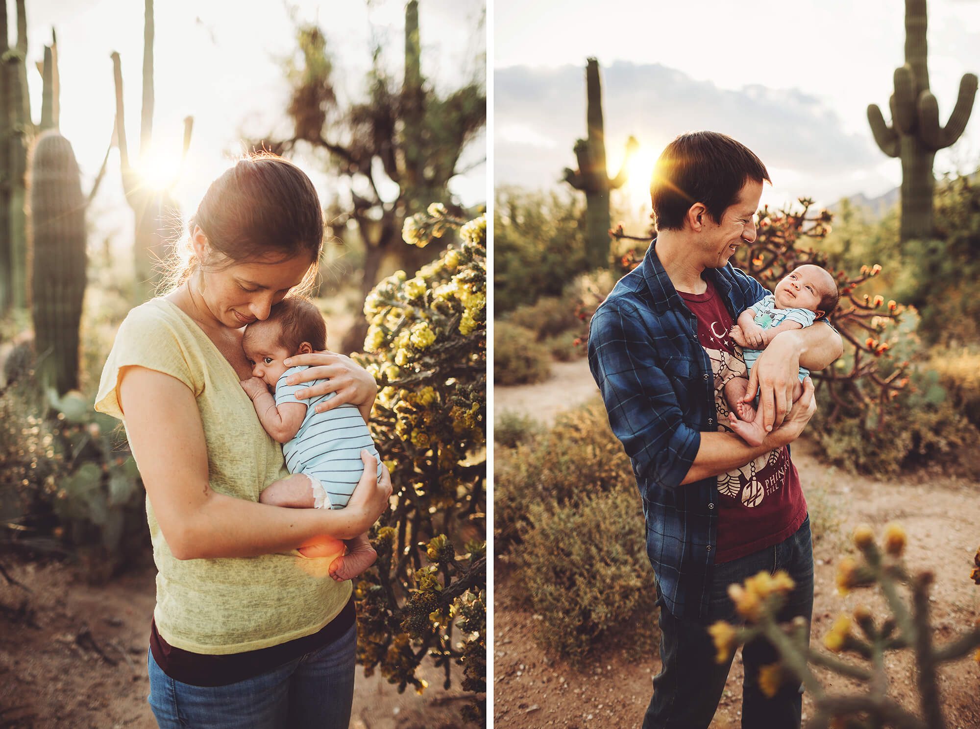 Mom and dad hold their baby boy close during their family session at Sabino Canyon.