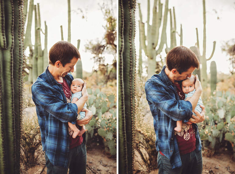 Dad cherishes the closeness of his new son during their family photo session at Sabino Canyon in Tucson with Belle Vie Photography