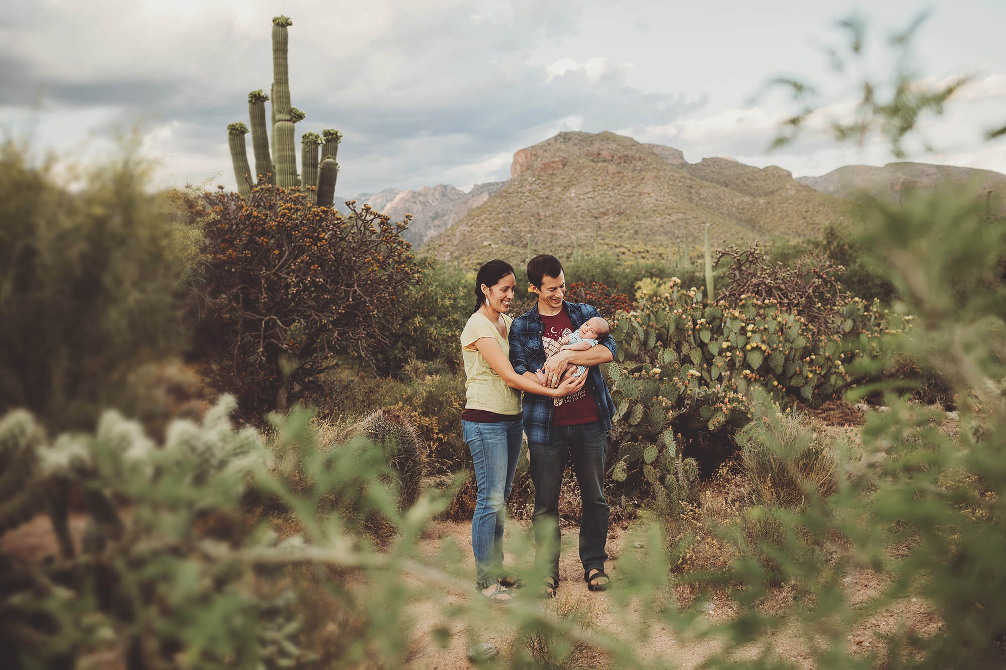 The Sgoutas' family stands amongst the spring cactus blossoms at the base of the Santa Catalina Mountains in Tucson.