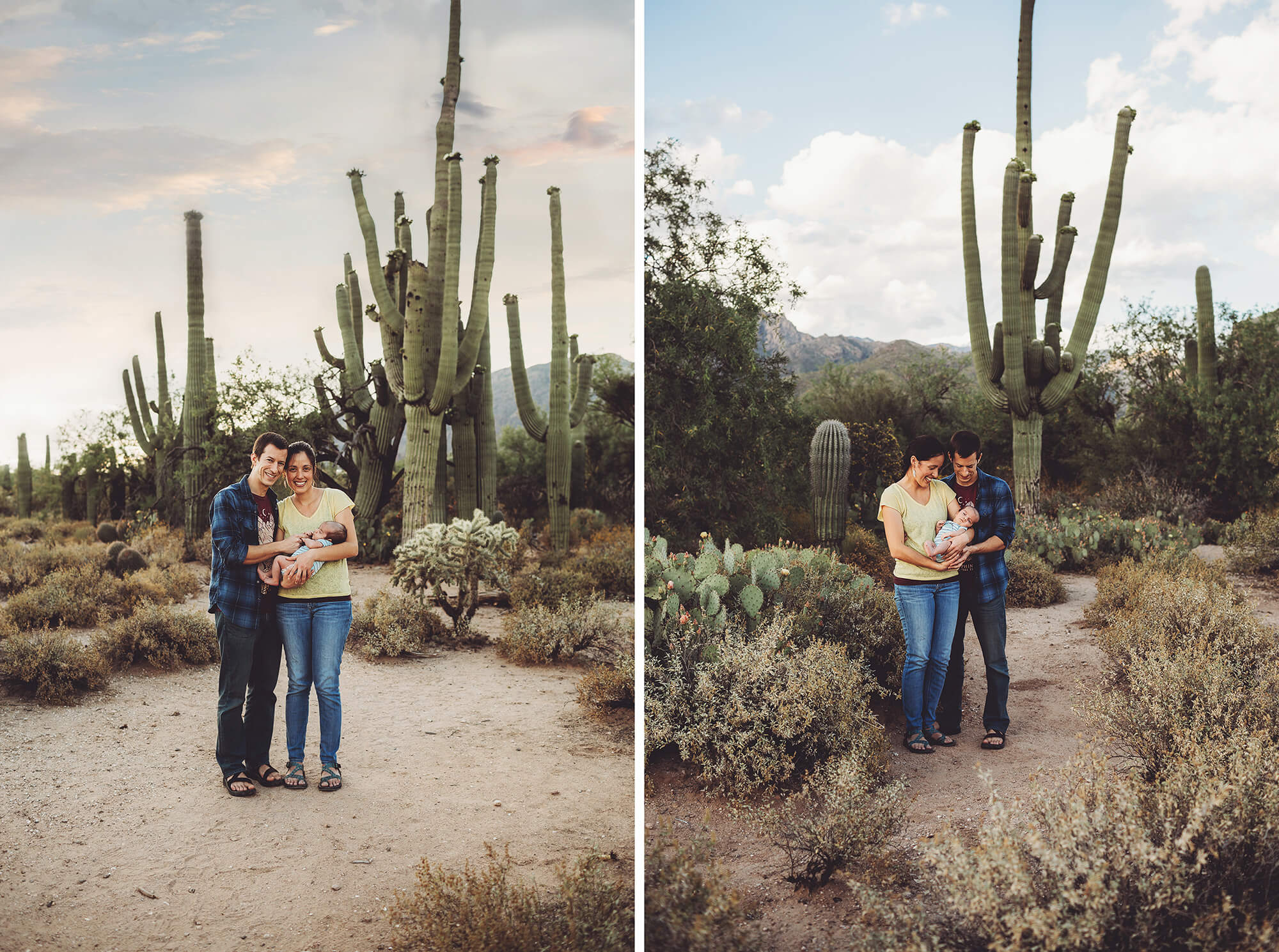 The Sgoutas family holds their new son next to the giant saguaros of Sabino Canyon.