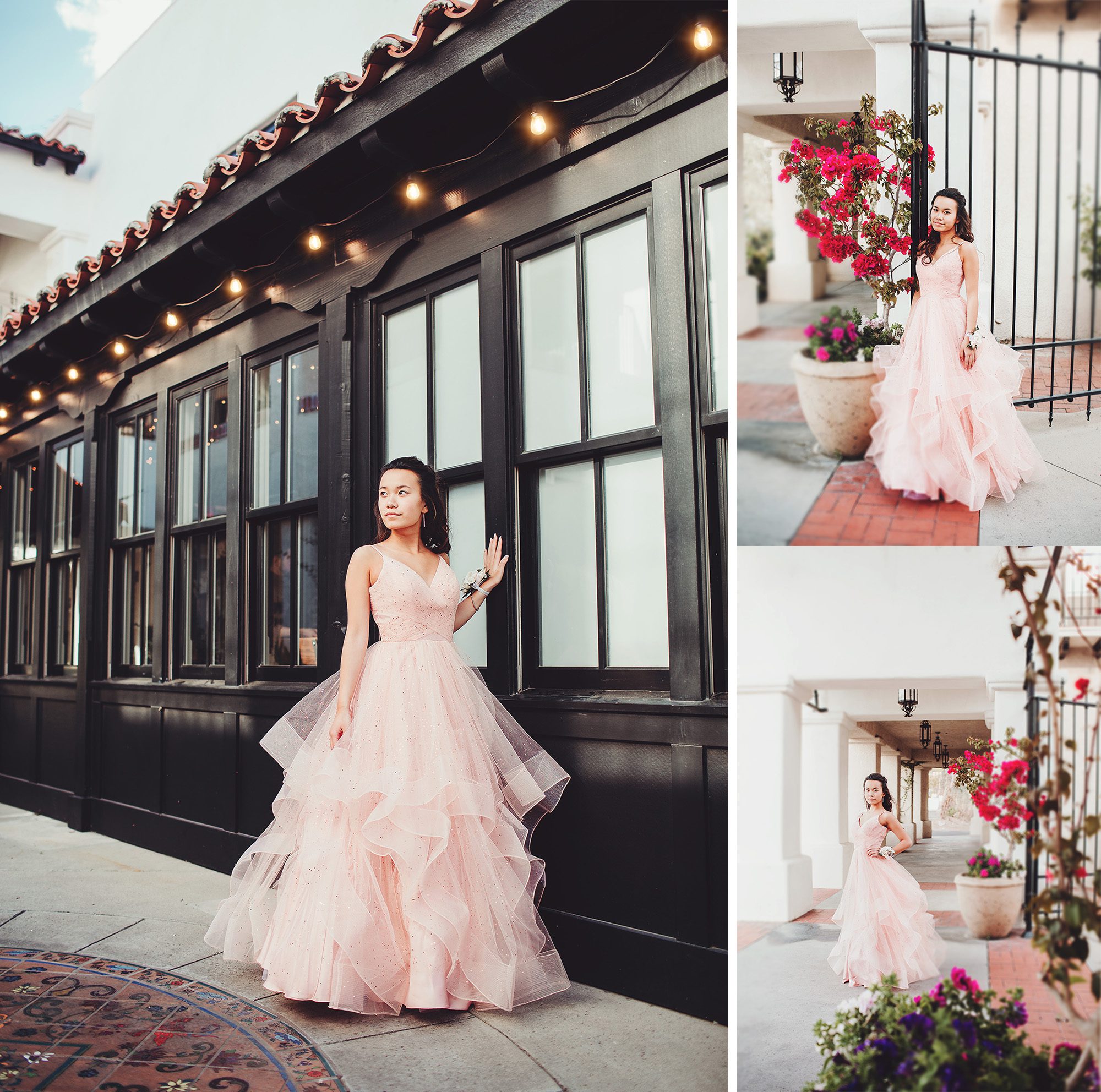 Lily in her gorgeous pink prom gown at St. Philip's Plaza in Tucson
