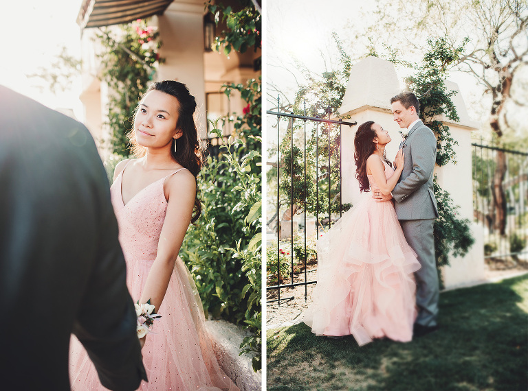 Lily and her date sweetly gaze at one another during their prom session at St. Philip's Plaza