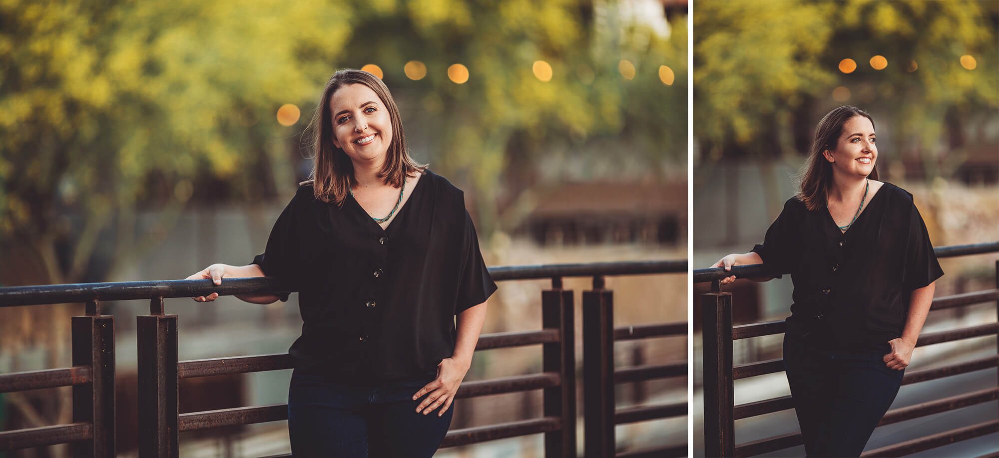 Blossoming Palo Verde trees in downtown Tucson during spring and Megan during her headshot session