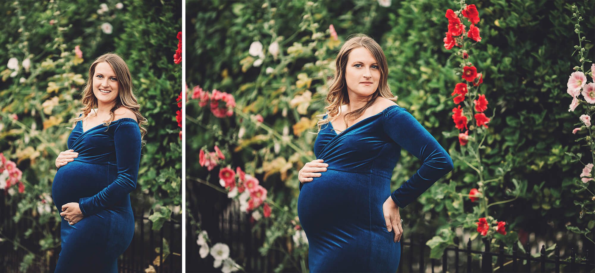 A maternity session in downtown Tucson featuring brilliant hollyhocks