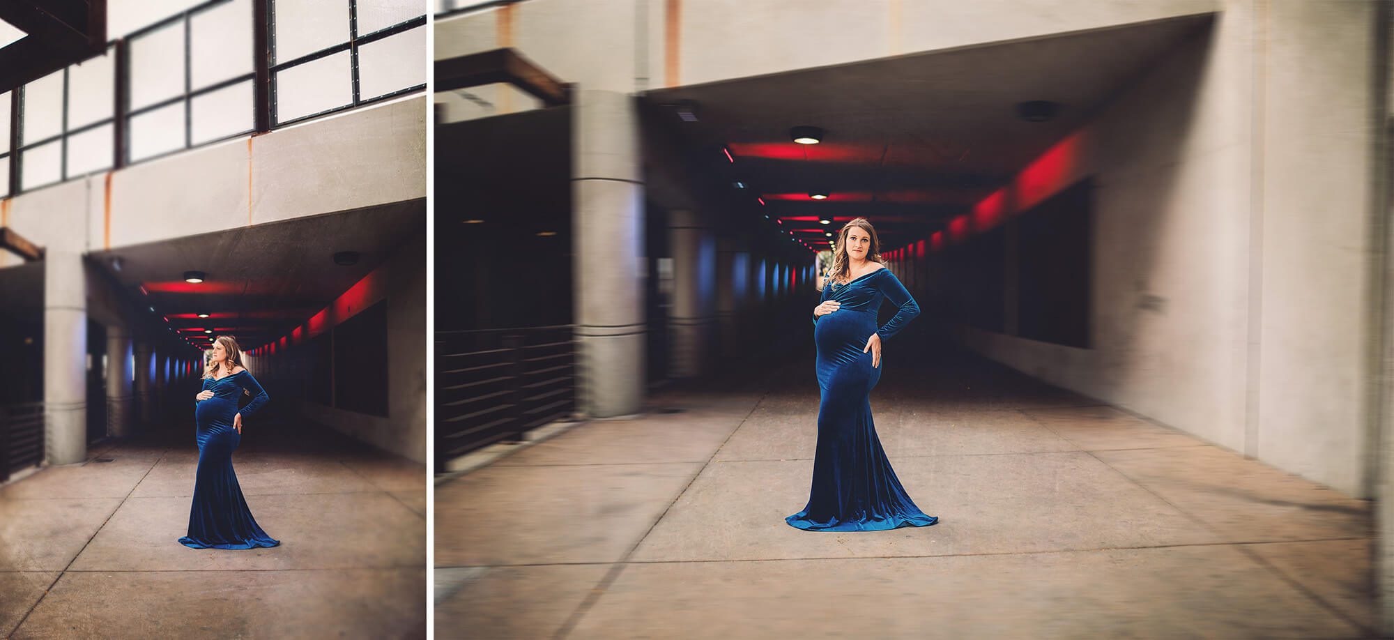An urban maternity session featuring the colorful lights of an underpass