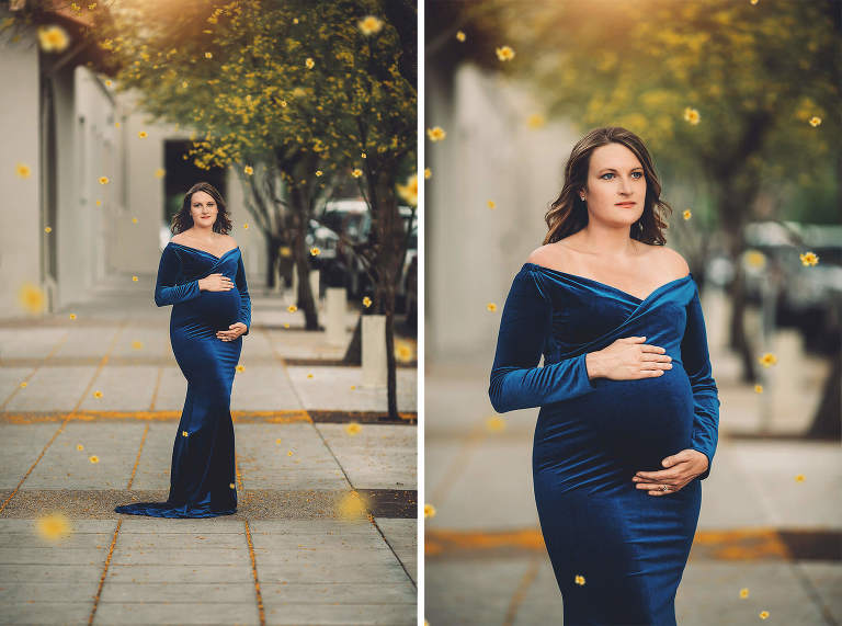 Urban maternity session at its finest in downtown Tucson with falling palo verde blossoms