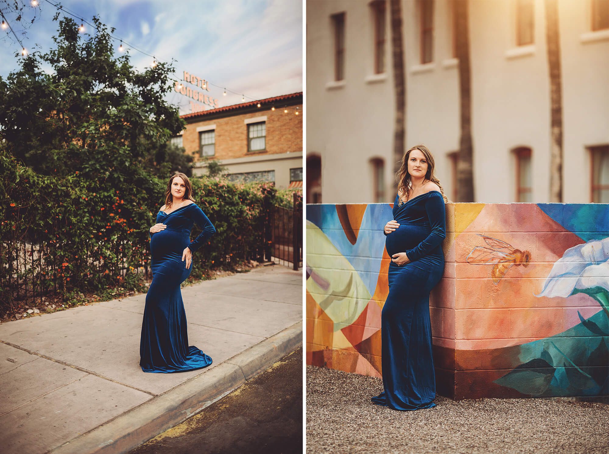 An urban maternity session in downtown Tucson with Hotel Congress and an art wall