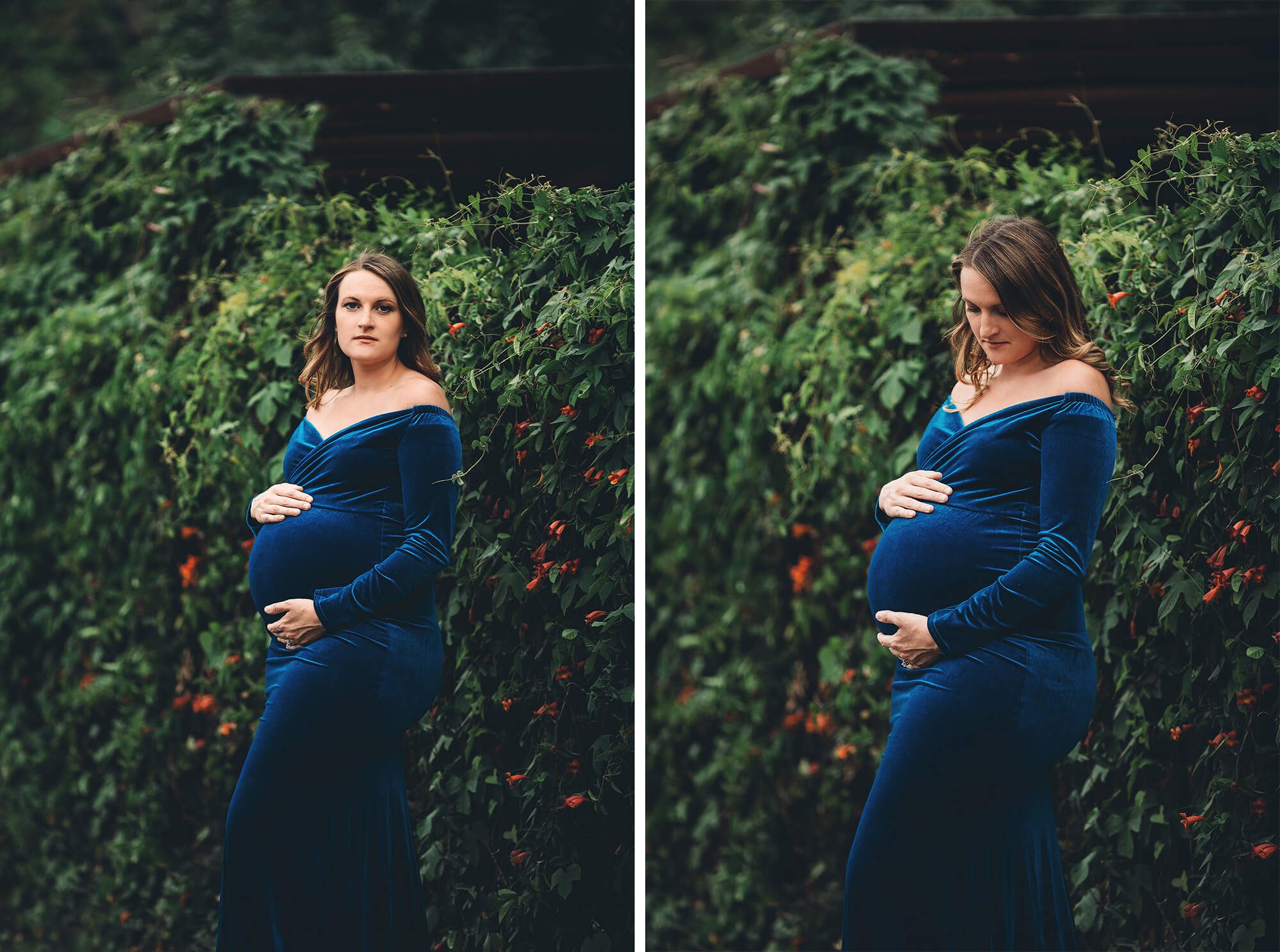 An urban maternity session near a vine covered fence
