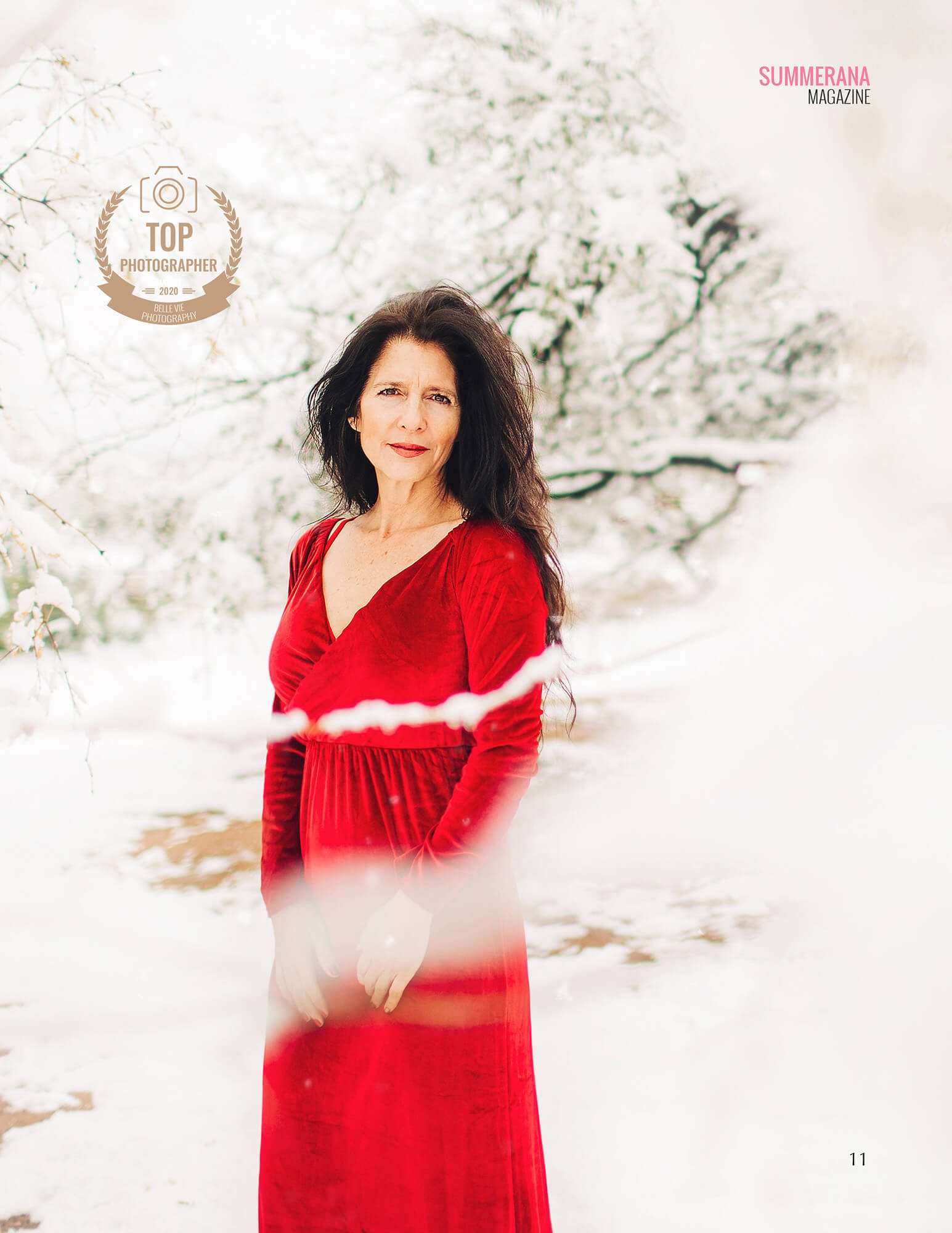 Top Photographer Summerana Magazine January 2020 a woman in the snow in a red dress
