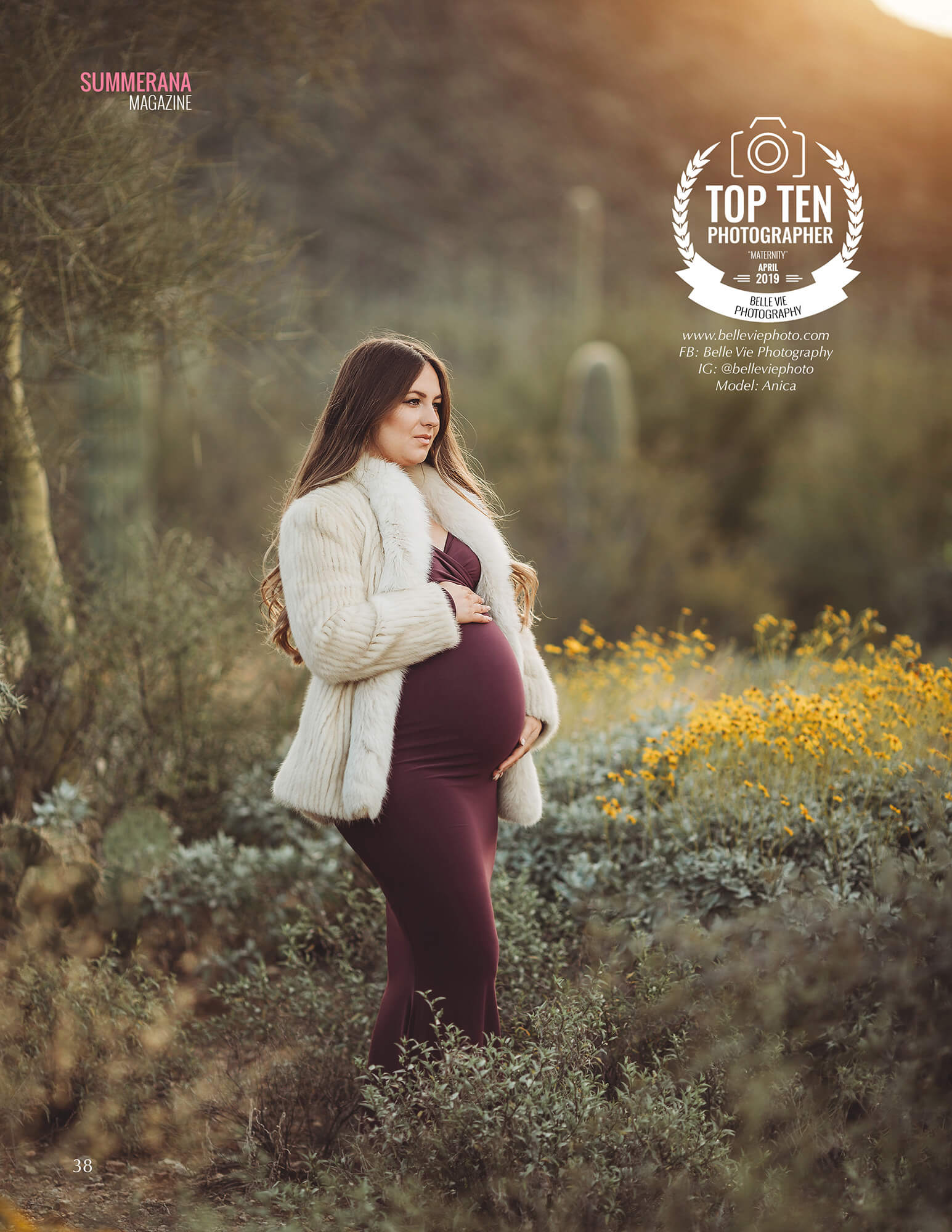 Top Photographer Summerana Magazine April 2019 a pregnant women standing amongst yellow desert flowers
