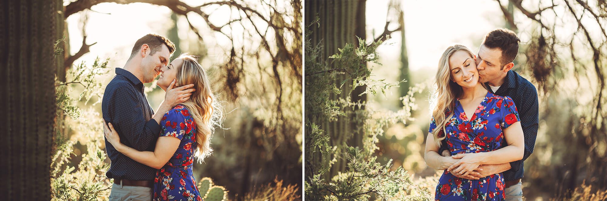 Shaun and Ally hold one another during their sunset engagement session at Sabino Canyon