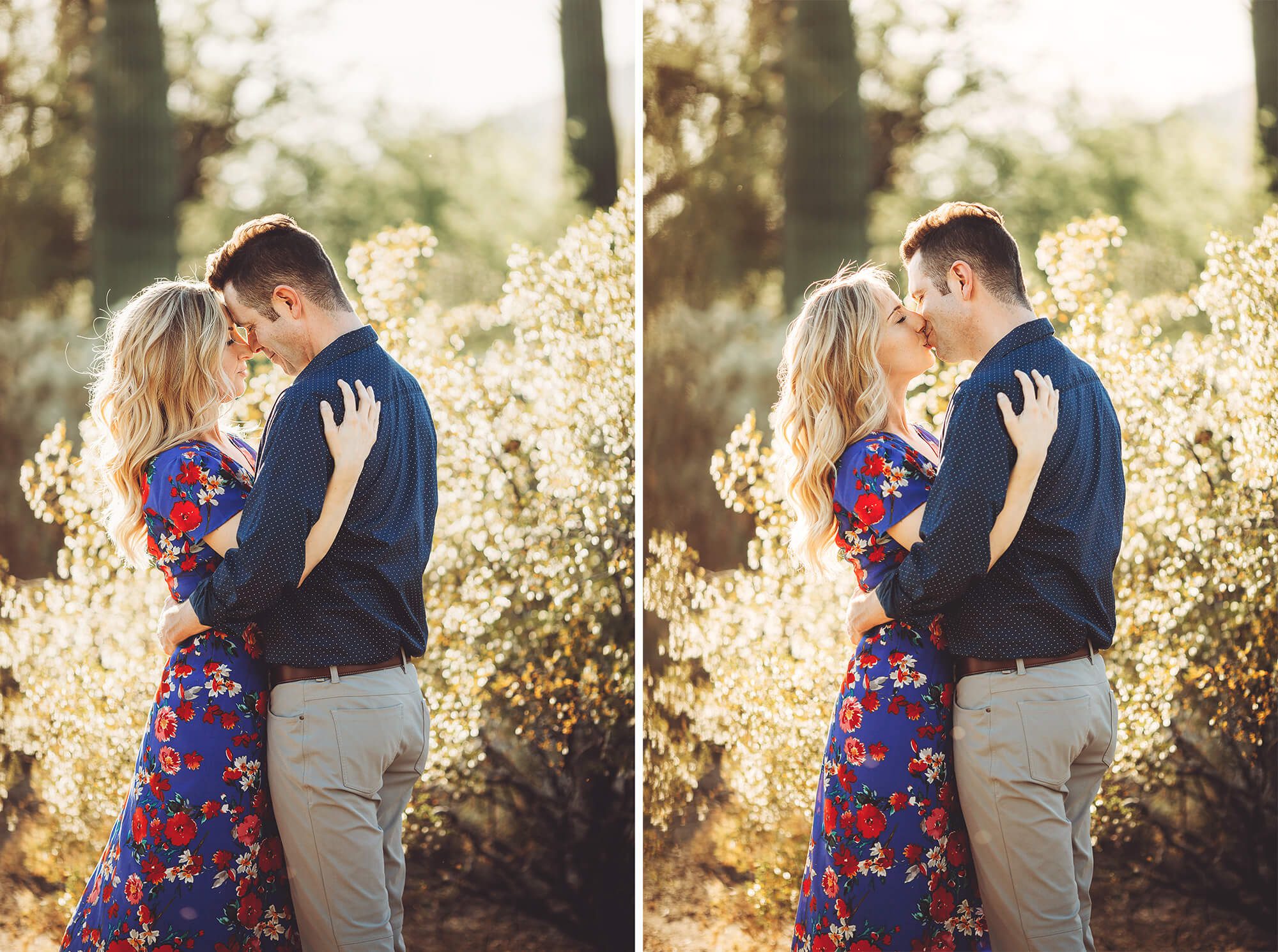 Loving affection between Shaun and Ally at Sabino Canyon during their spring engagement session
