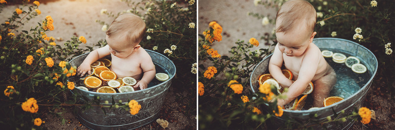 Lots of flowers and fruit to explore during his fruit bath session