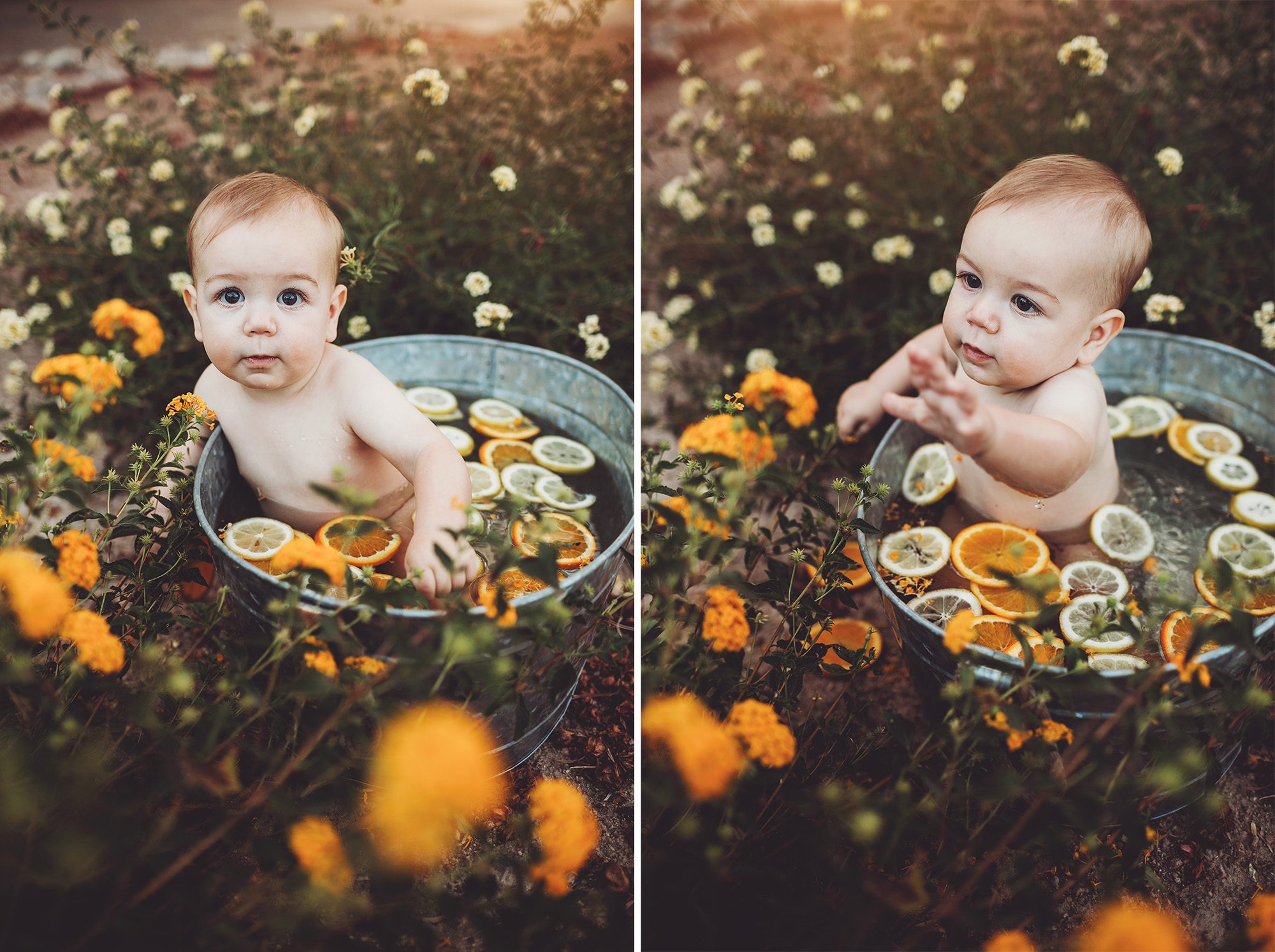 More flowers to play with for Felix during his fruit bath session