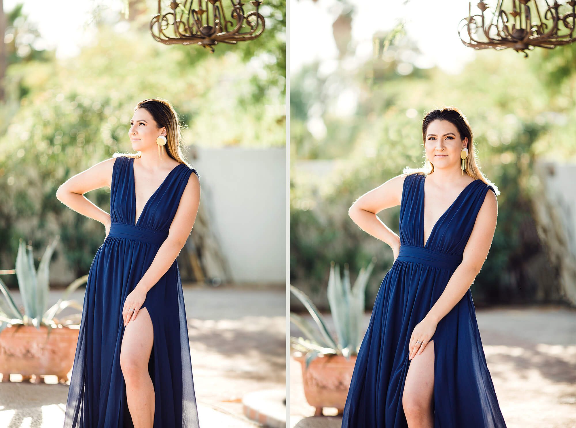 An outdoor chandelier creates beautiful ambience for Sophia in her blue gown.