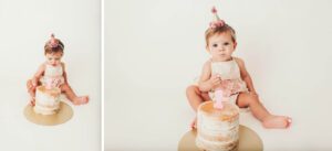 The birthday girl is starting to enjoy her cake as she explores it during her cake smash session