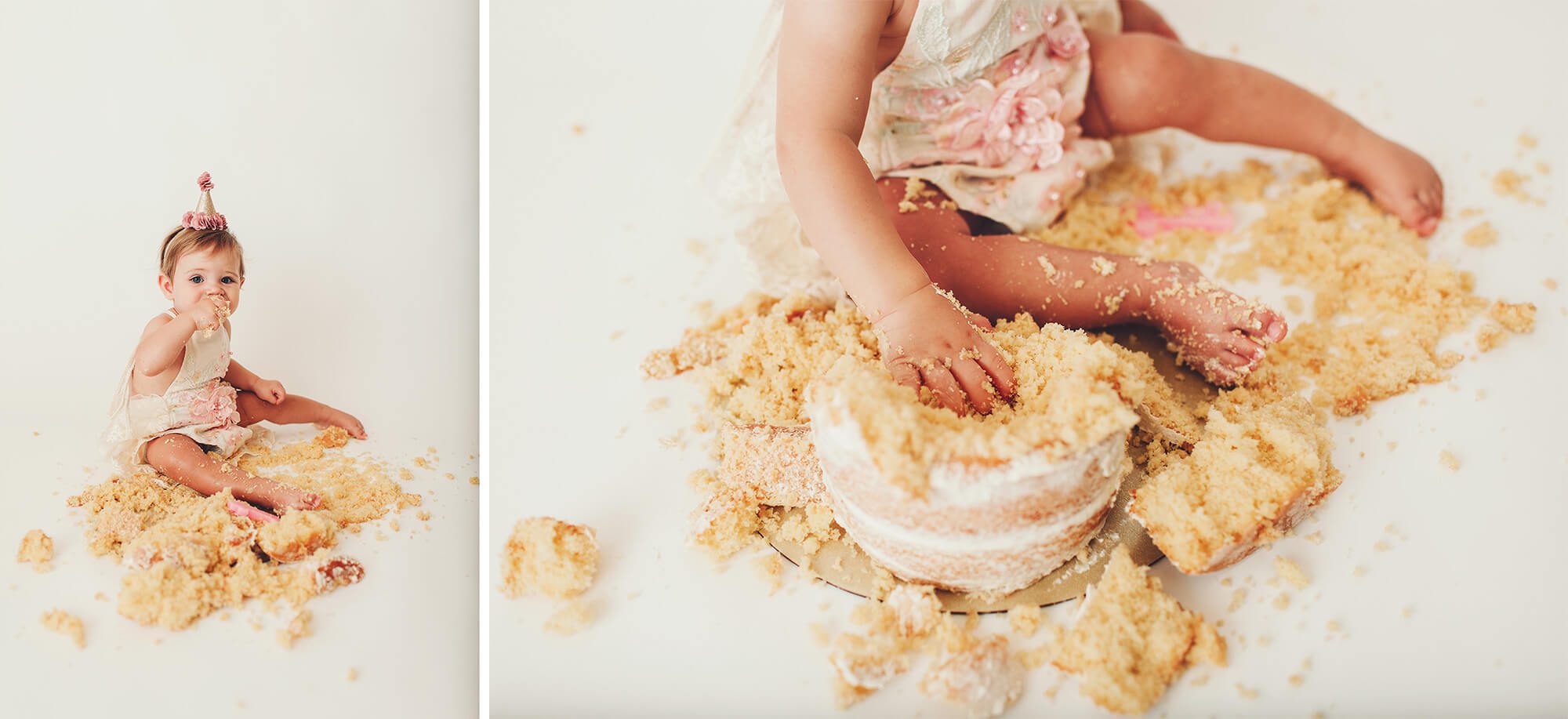 Alma has dug into her cake and it is everywhere, she is having so much fun during her cake smash session