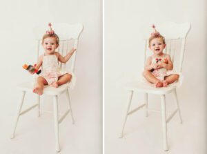 Alma having fun with a chair in the studio during her cake smash session