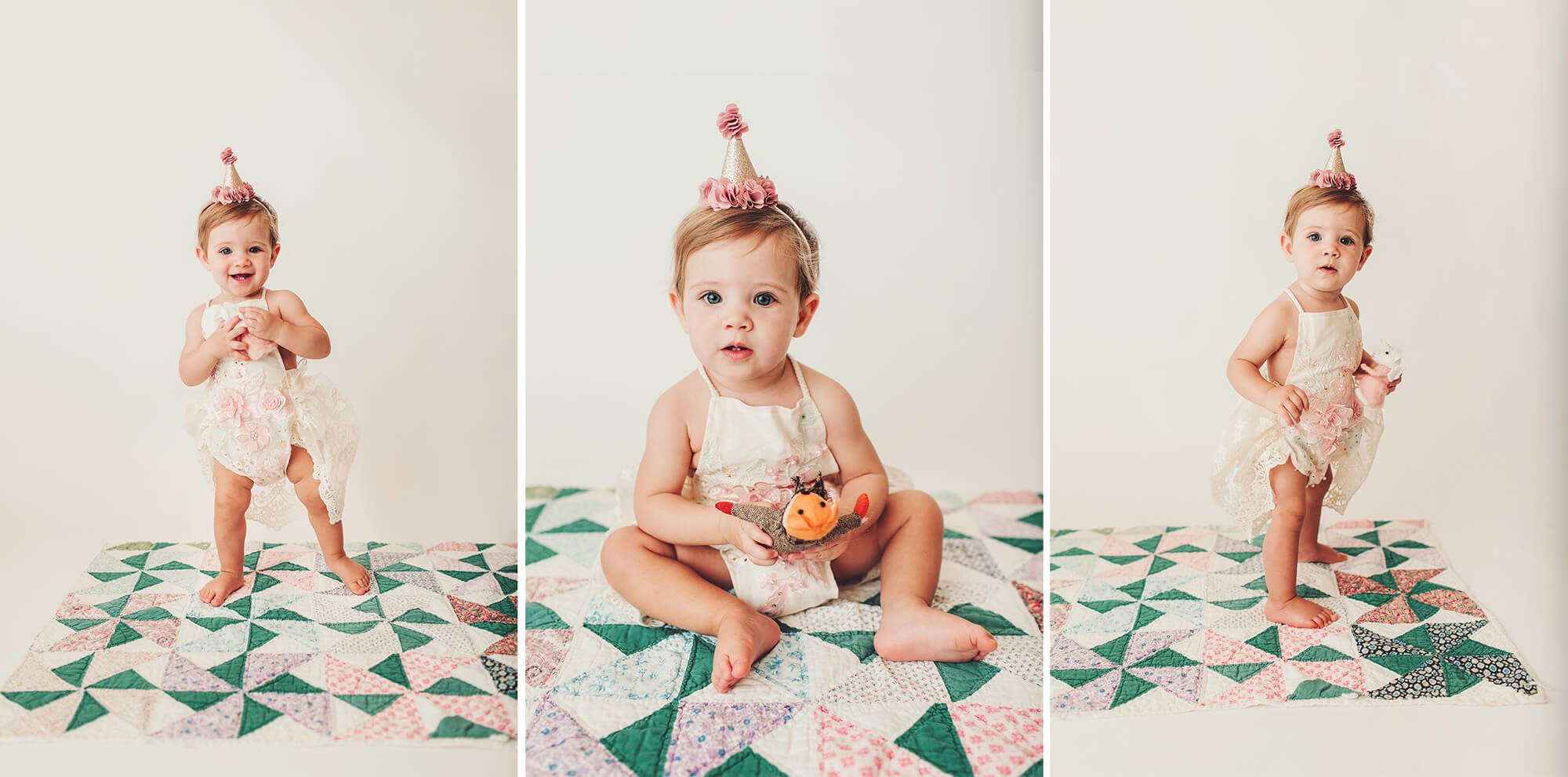 Alma on a quilt with her fox during her cake smash session