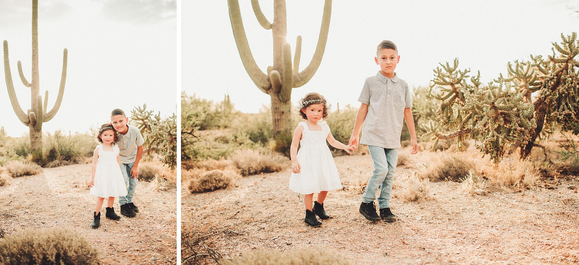 The Galindo children with the setting sun and a giant saguaro at their backs
