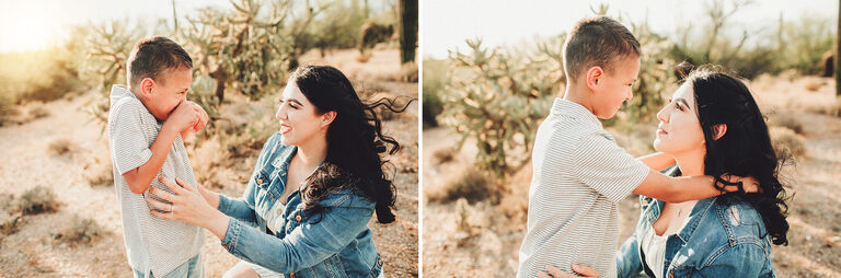 Tickles and loves between a mom and her son with the gorgeous Sonoran desert behind them