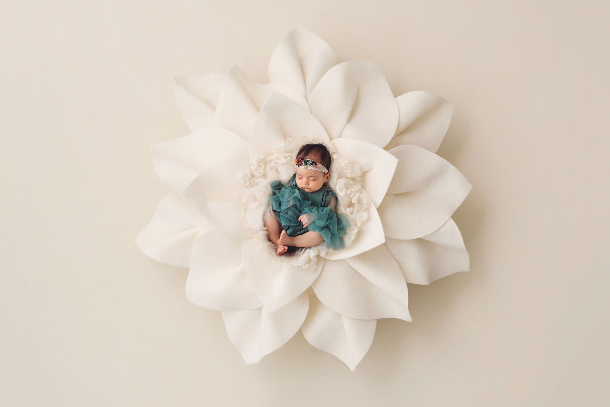 Beautiful baby Amelia in a giant white felt flower