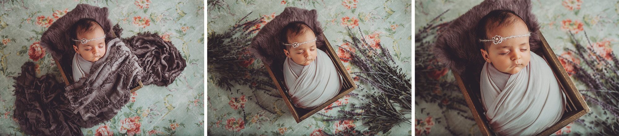 Newborn baby girl in lavender wraps on a pink floral backdrop with lavender sprigs